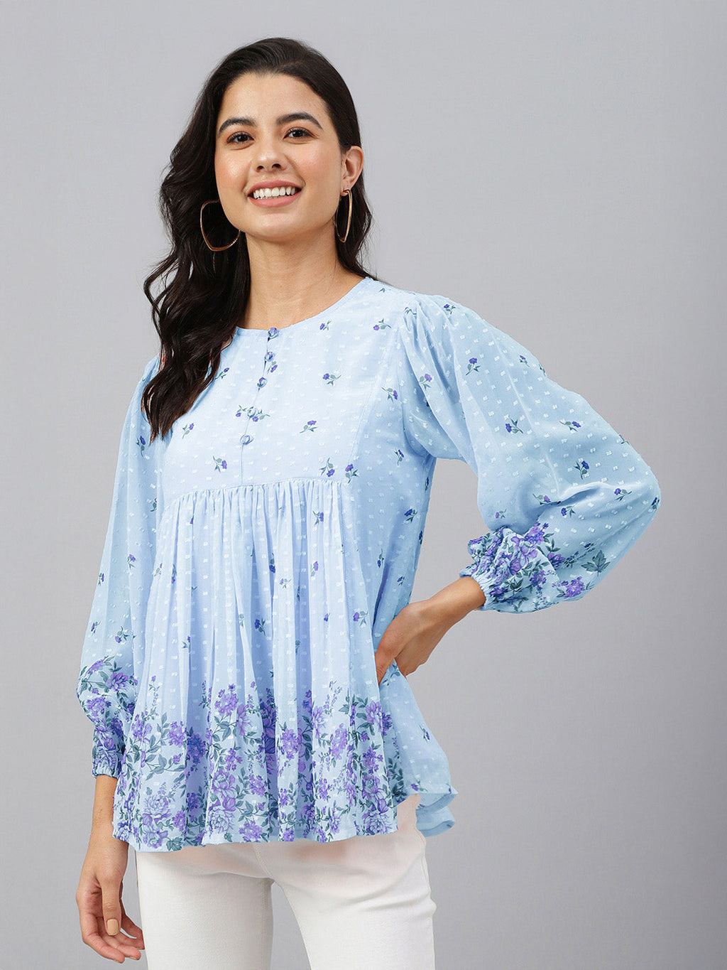Janasya Sky Blue Gathered Dobby Georgette Top | Grocsy