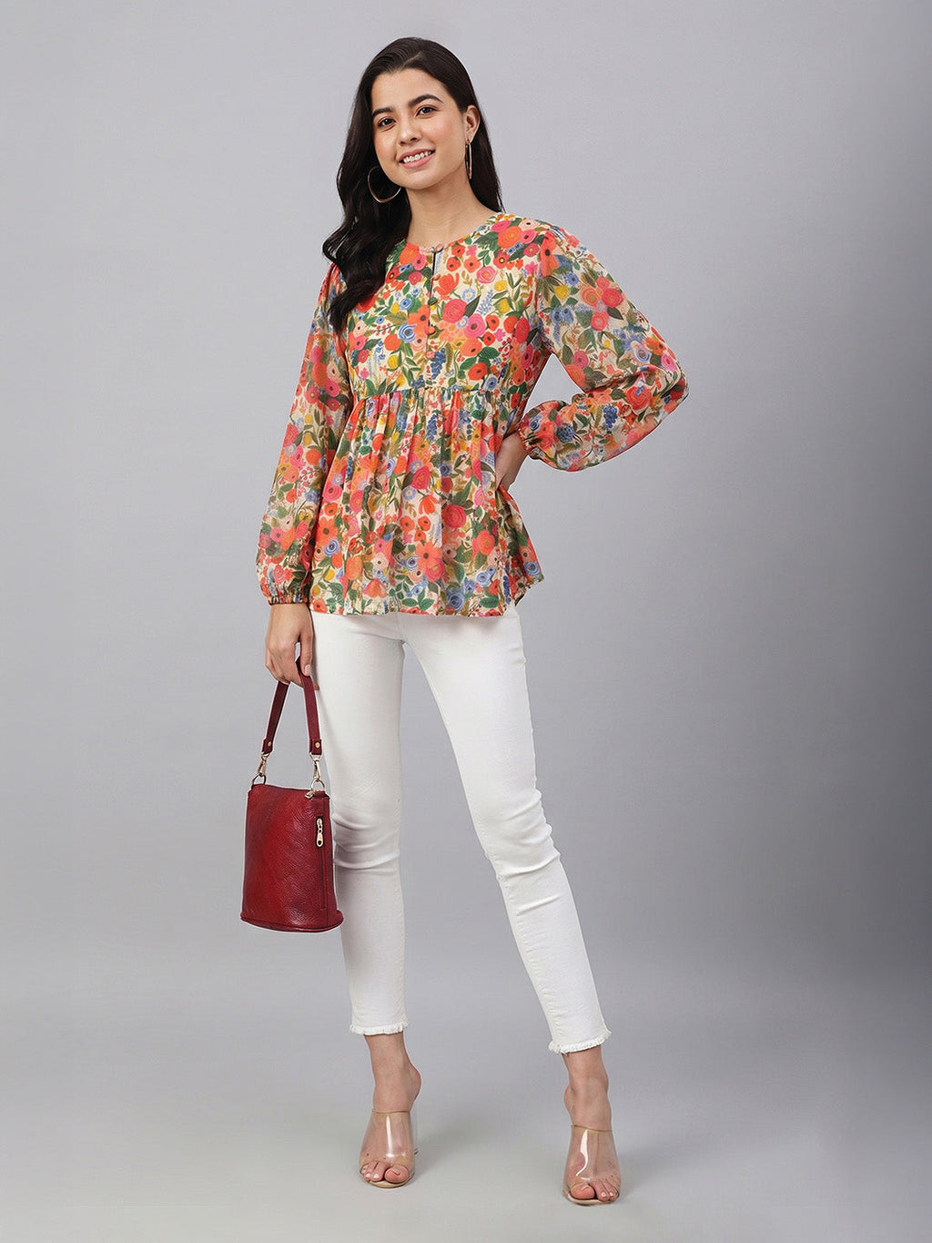 Janasya Multi A-Line Dobby Georgette Top | Grocsy