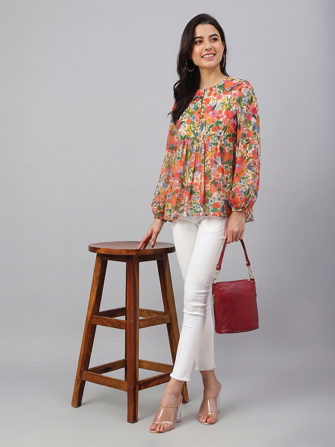 Janasya Multi A-Line Dobby Georgette Top | Grocsy