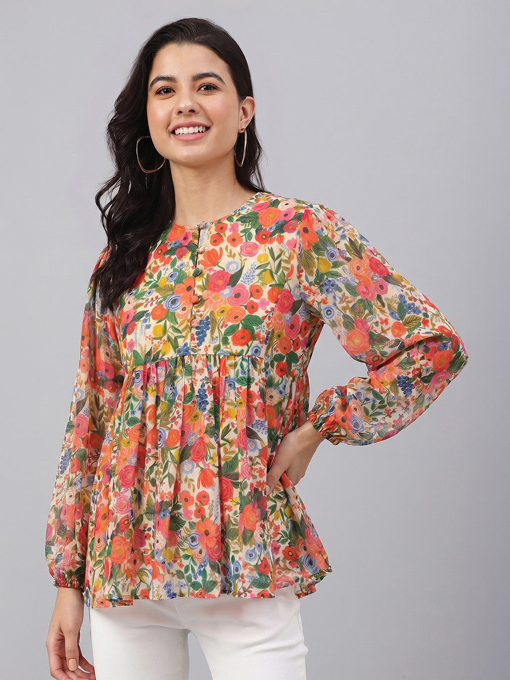 Janasya Multi A-Line Dobby Georgette Top | Grocsy