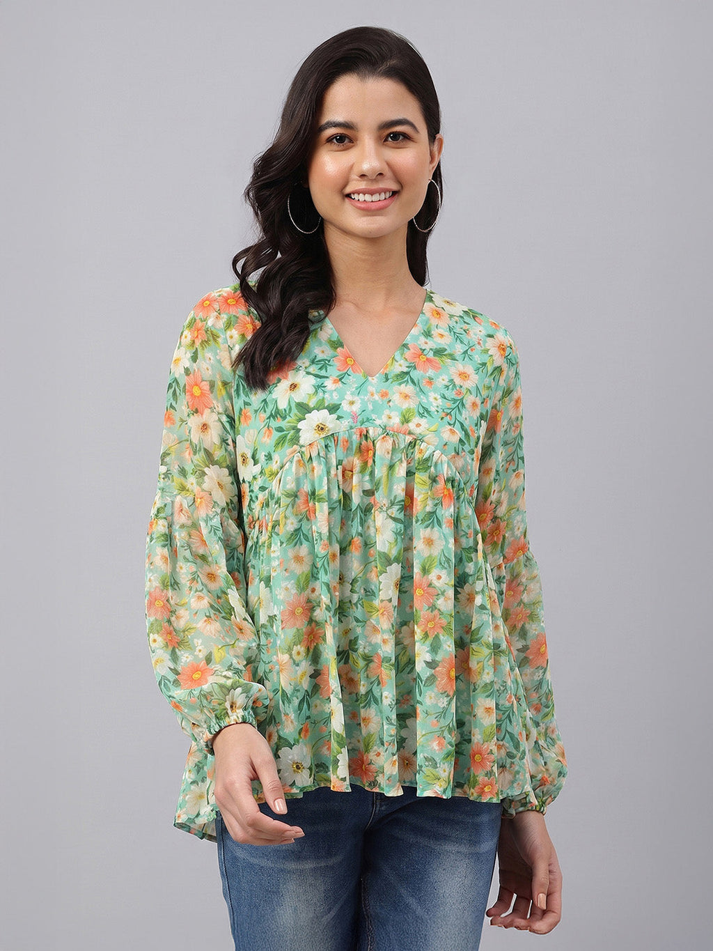 Janasya Green Gathered Georgette Top | Grocsy