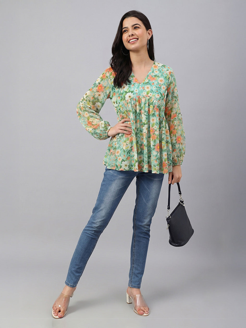 Janasya Green Gathered Georgette Top | Grocsy