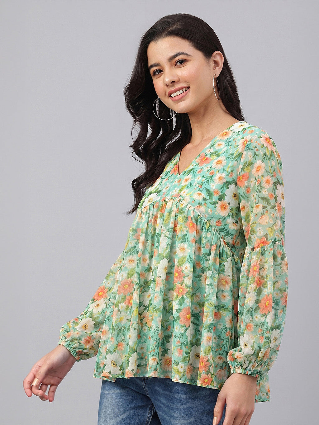 Janasya Green Gathered Georgette Top | Grocsy