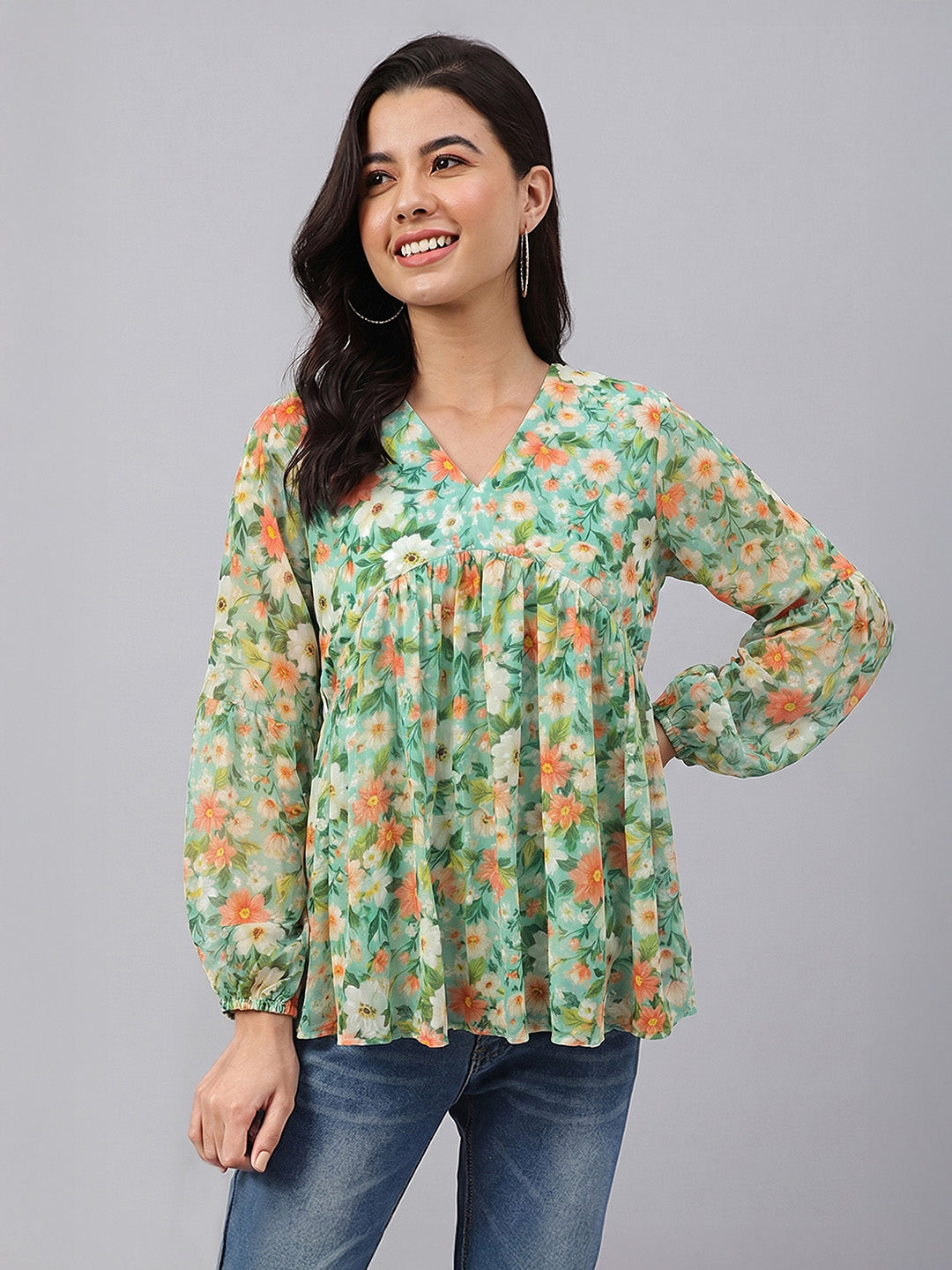 Janasya Green Gathered Georgette Top | Grocsy