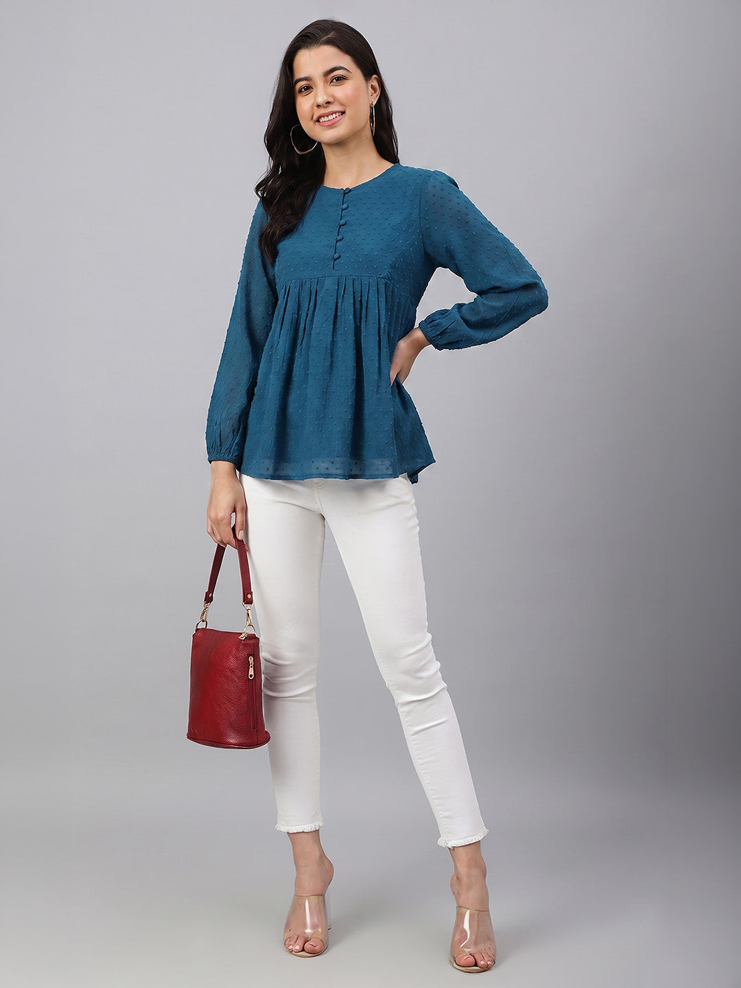 Janasya Teal Gathered Dobby Chiffon Top | Grocsy