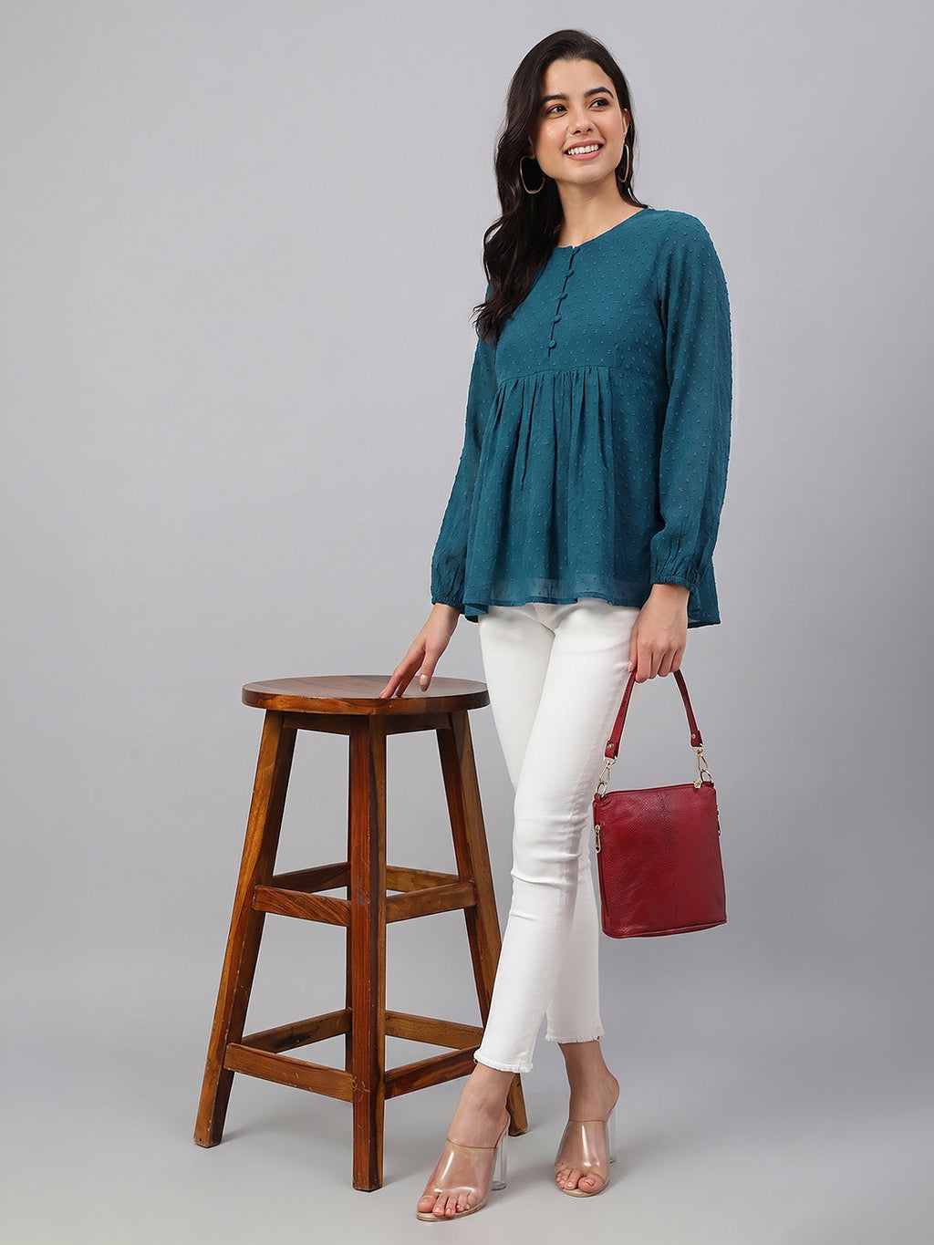 Janasya Teal Gathered Dobby Chiffon Top | Grocsy
