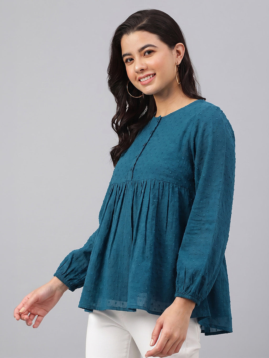 Janasya Teal Gathered Dobby Chiffon Top | Grocsy