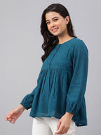 Janasya Teal Gathered Dobby Chiffon Top | Grocsy