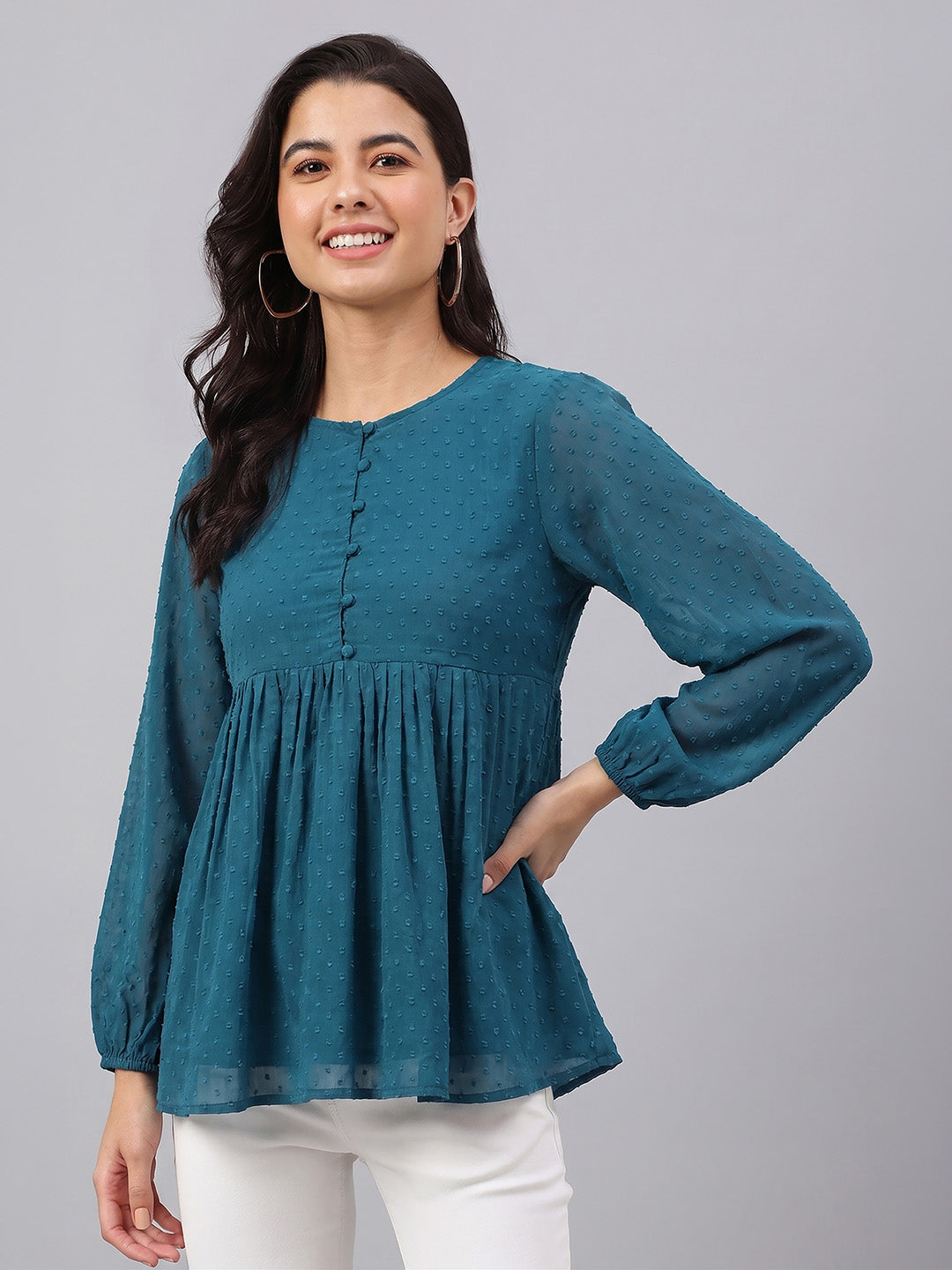 Janasya Teal Gathered Dobby Chiffon Top | Grocsy