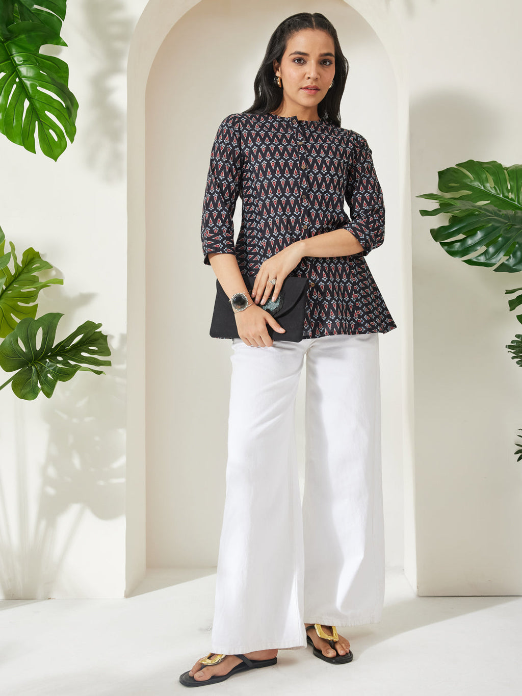 Janasya Black A-Line Cotton Top | Grocsy