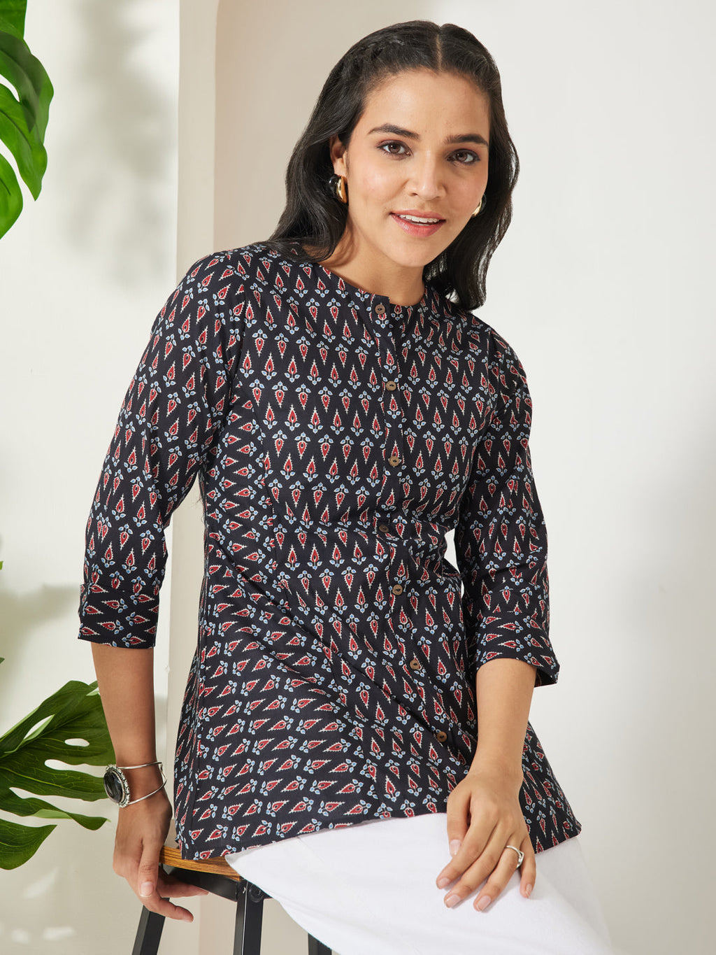 Janasya Black A-Line Cotton Top | Grocsy