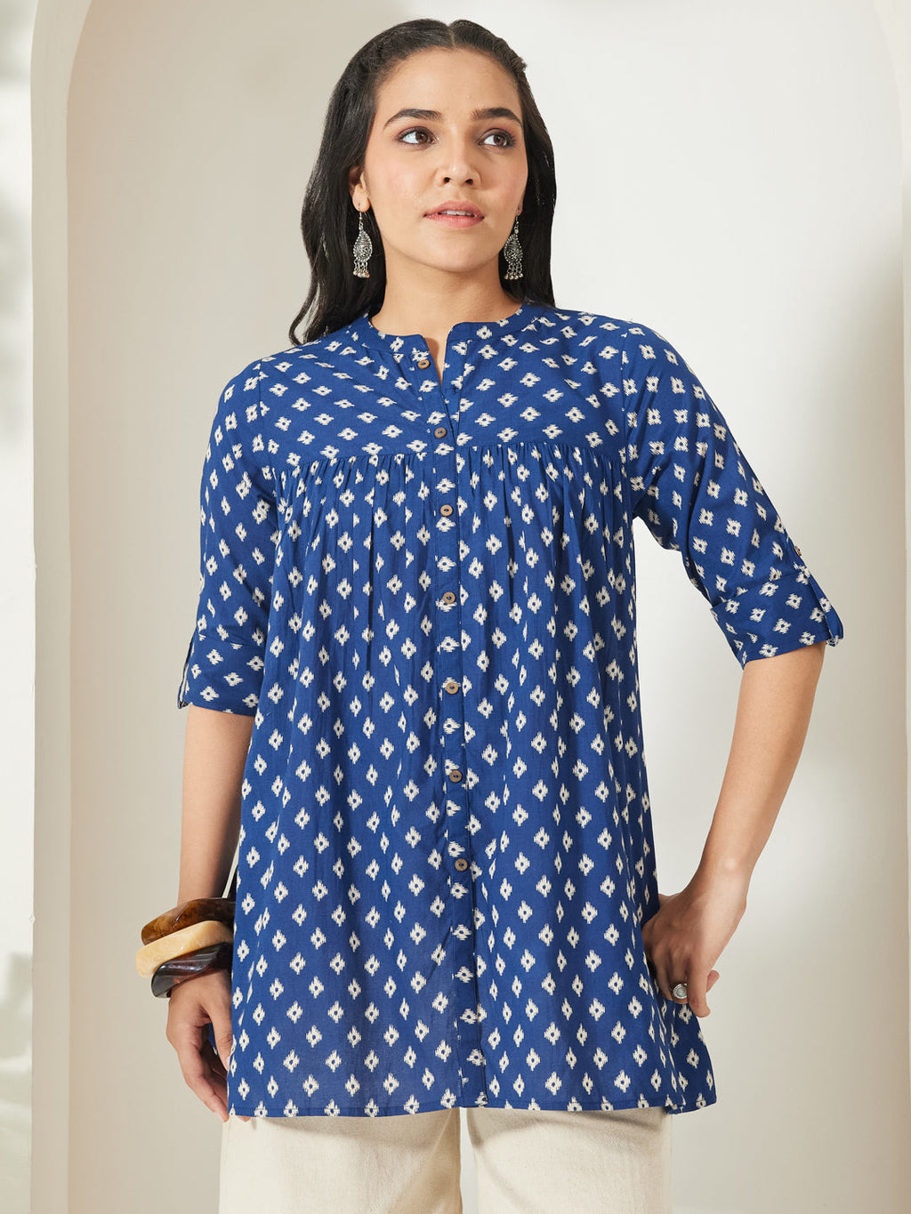 Janasya Navy Blue A-Line Cotton Top | Grocsy