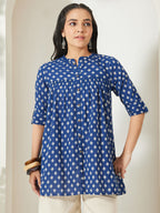 Janasya Navy Blue A-Line Cotton Top | Grocsy