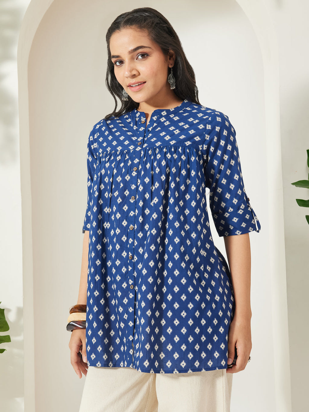 Janasya Navy Blue A-Line Cotton Top | Grocsy