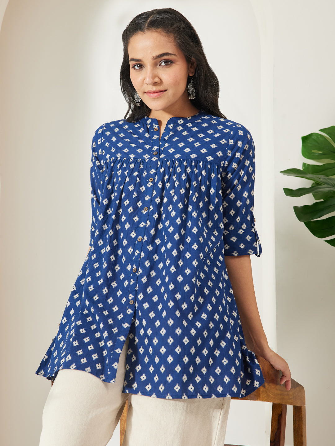 Janasya Navy Blue A-Line Cotton Top | Grocsy