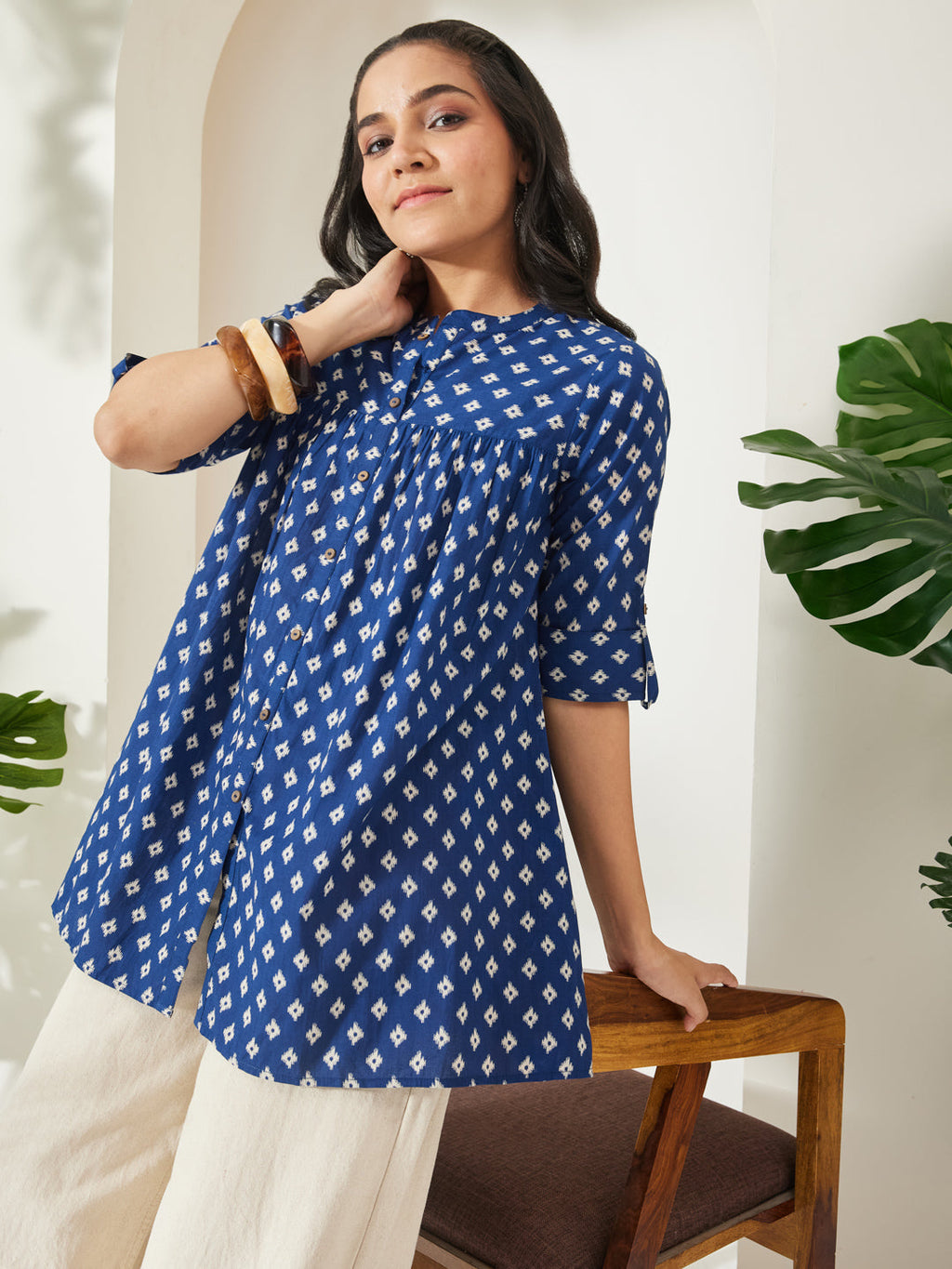 Janasya Navy Blue A-Line Cotton Top | Grocsy