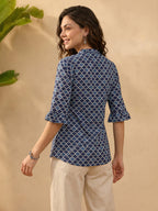 Janasya Blue A-Line Cotton Top | Grocsy