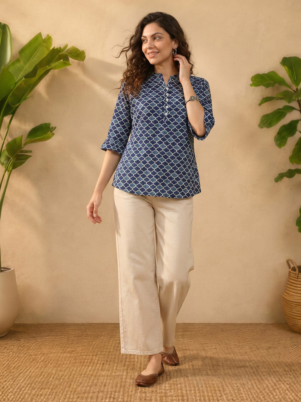 Janasya Blue A-Line Cotton Top | Grocsy