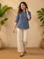 Janasya Blue A-Line Cotton Top | Grocsy