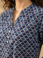 Janasya Blue A-Line Cotton Top | Grocsy