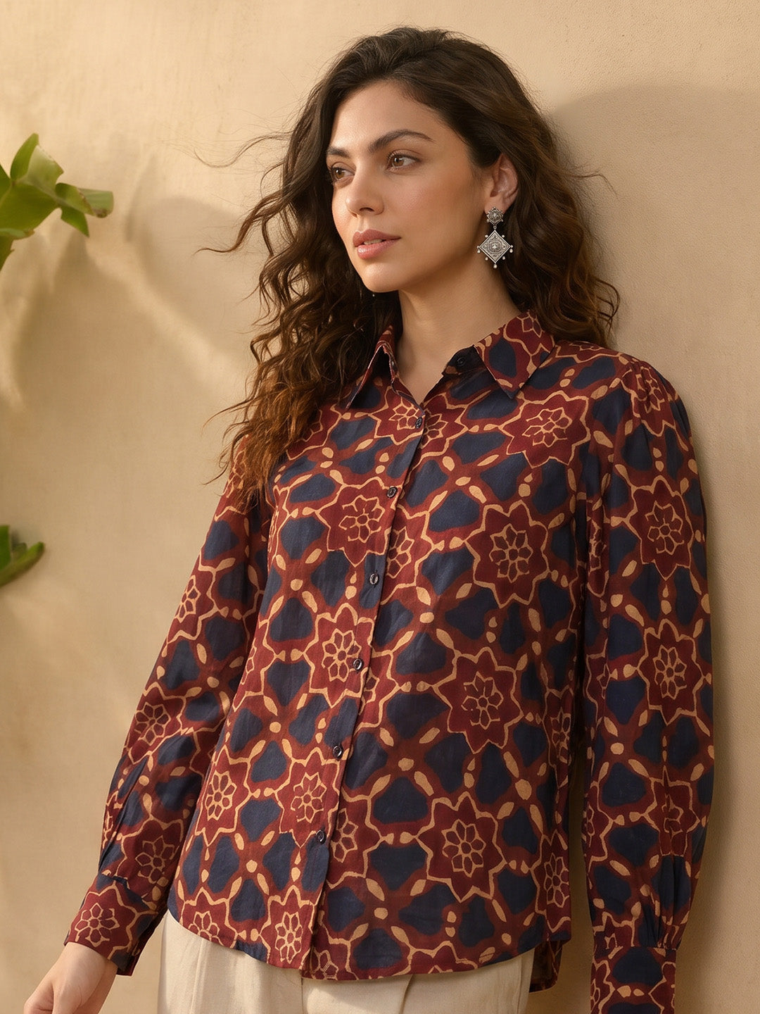 Janasya Brown Shirt Silk Blend Top | Grocsy