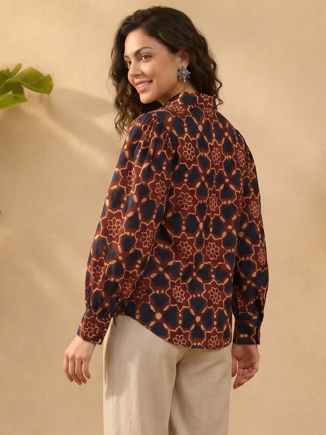 Janasya Brown Shirt Silk Blend Top | Grocsy