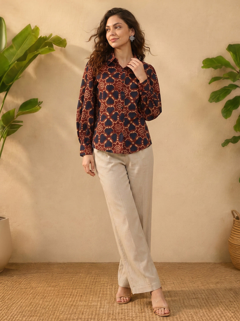Janasya Brown Shirt Silk Blend Top | Grocsy
