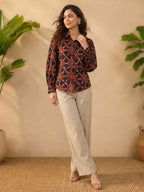 Janasya Brown Shirt Silk Blend Top | Grocsy