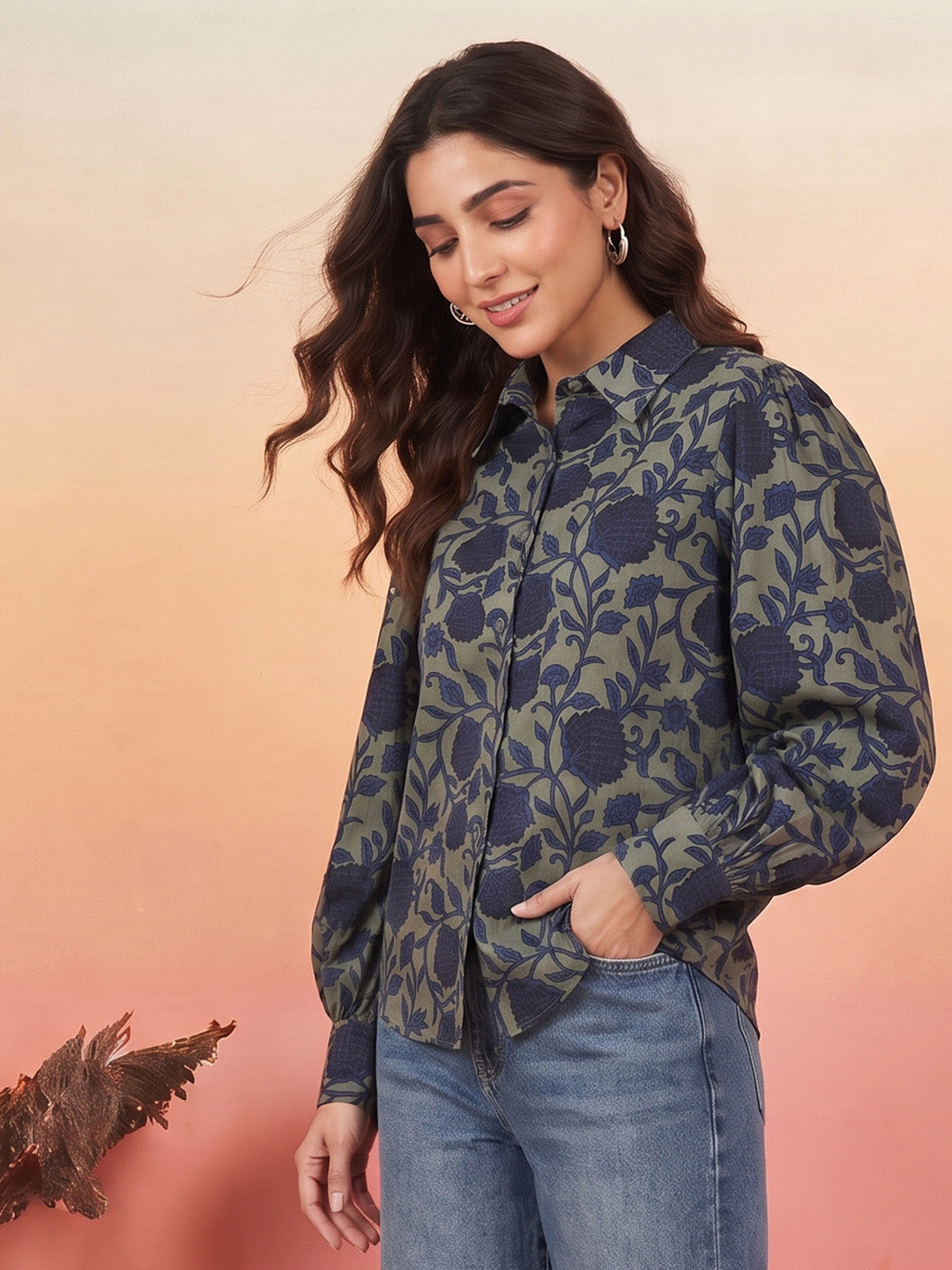 Janasya Sage Shirt Silk Blend Top | Grocsy