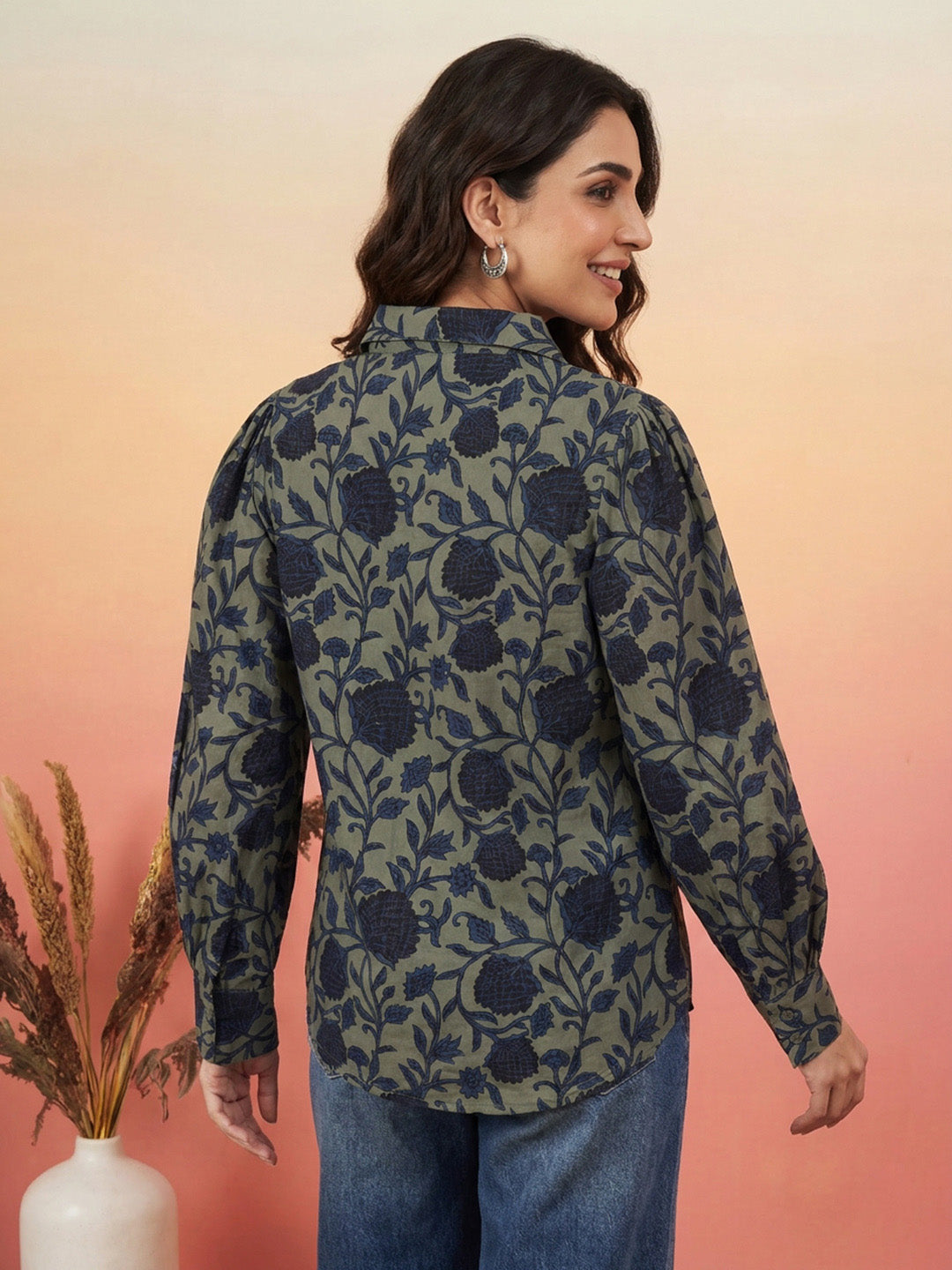 Janasya Sage Shirt Silk Blend Top | Grocsy