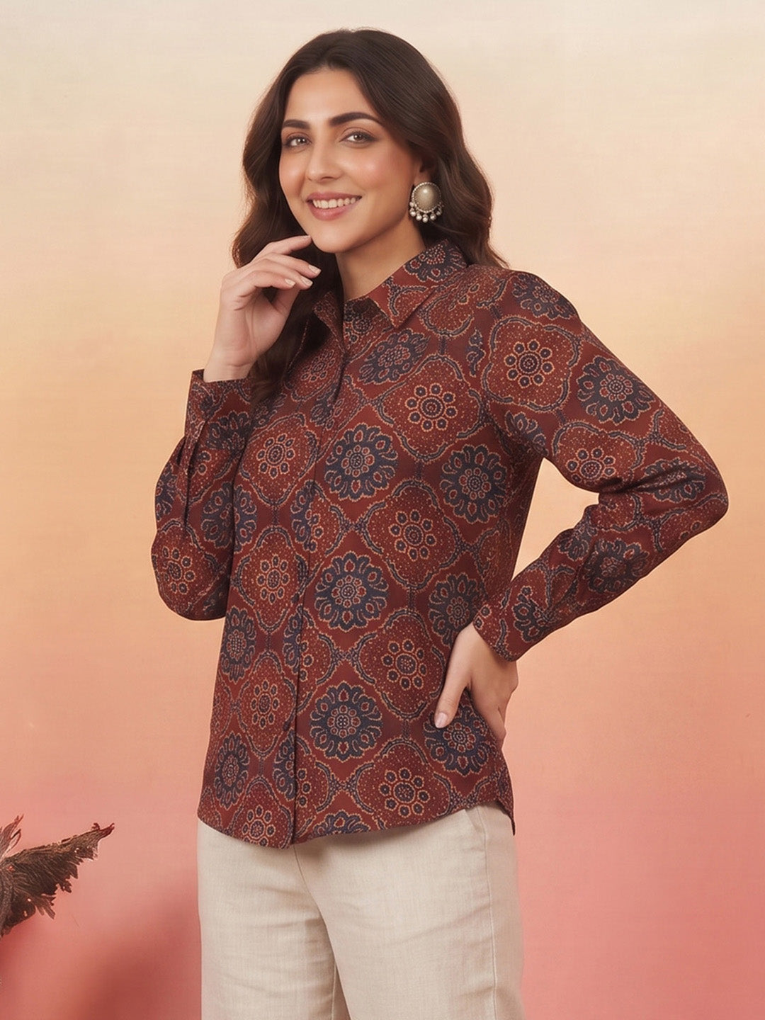 Janasya Maroon Shirt Silk Blend Top | Grocsy