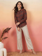 Janasya Maroon Shirt Silk Blend Top | Grocsy