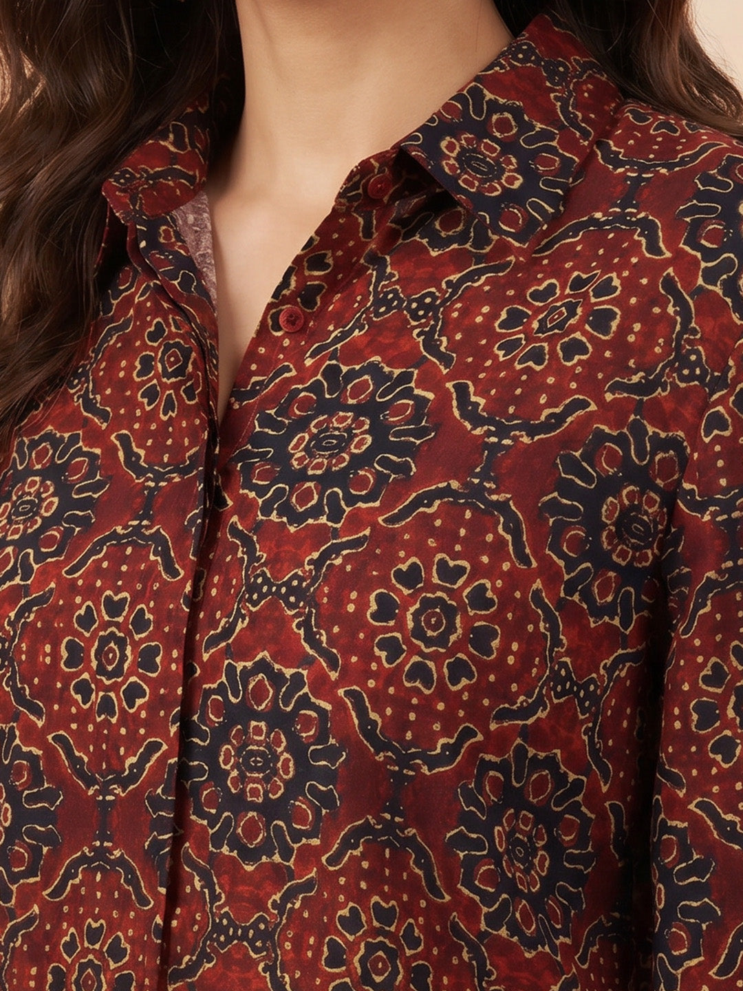Janasya Maroon Shirt Silk Blend Top | Grocsy