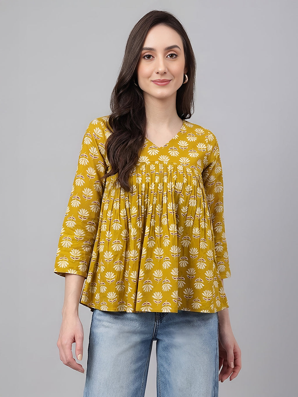Janasya Mustard Gathered Cotton Top | Grocsy