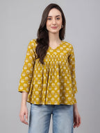 Janasya Mustard Gathered Cotton Top | Grocsy