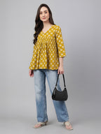 Janasya Mustard Gathered Cotton Top | Grocsy