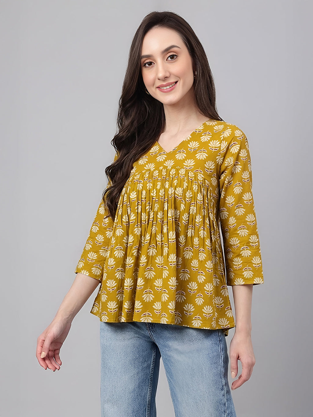 Janasya Mustard Gathered Cotton Top | Grocsy