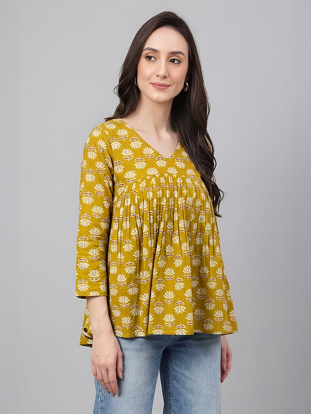 Janasya Mustard Gathered Cotton Top | Grocsy