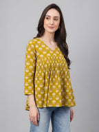 Janasya Mustard Gathered Cotton Top | Grocsy