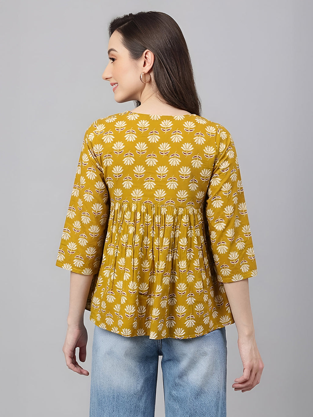 Janasya Mustard Gathered Cotton Top | Grocsy