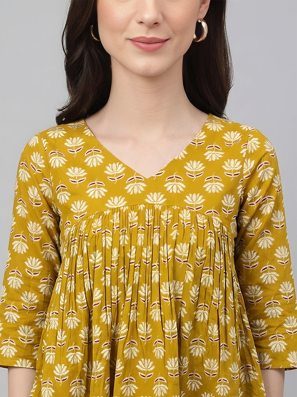 Janasya Mustard Gathered Cotton Top | Grocsy