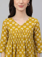 Janasya Mustard Gathered Cotton Top | Grocsy