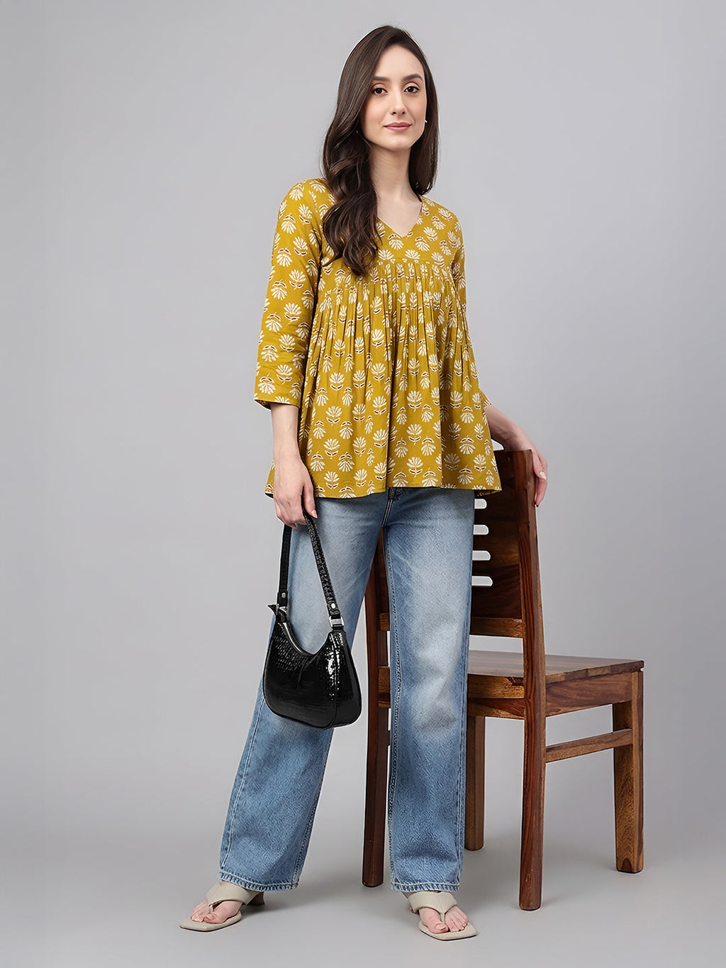 Janasya Mustard Gathered Cotton Top | Grocsy