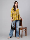 Janasya Mustard Gathered Cotton Top | Grocsy