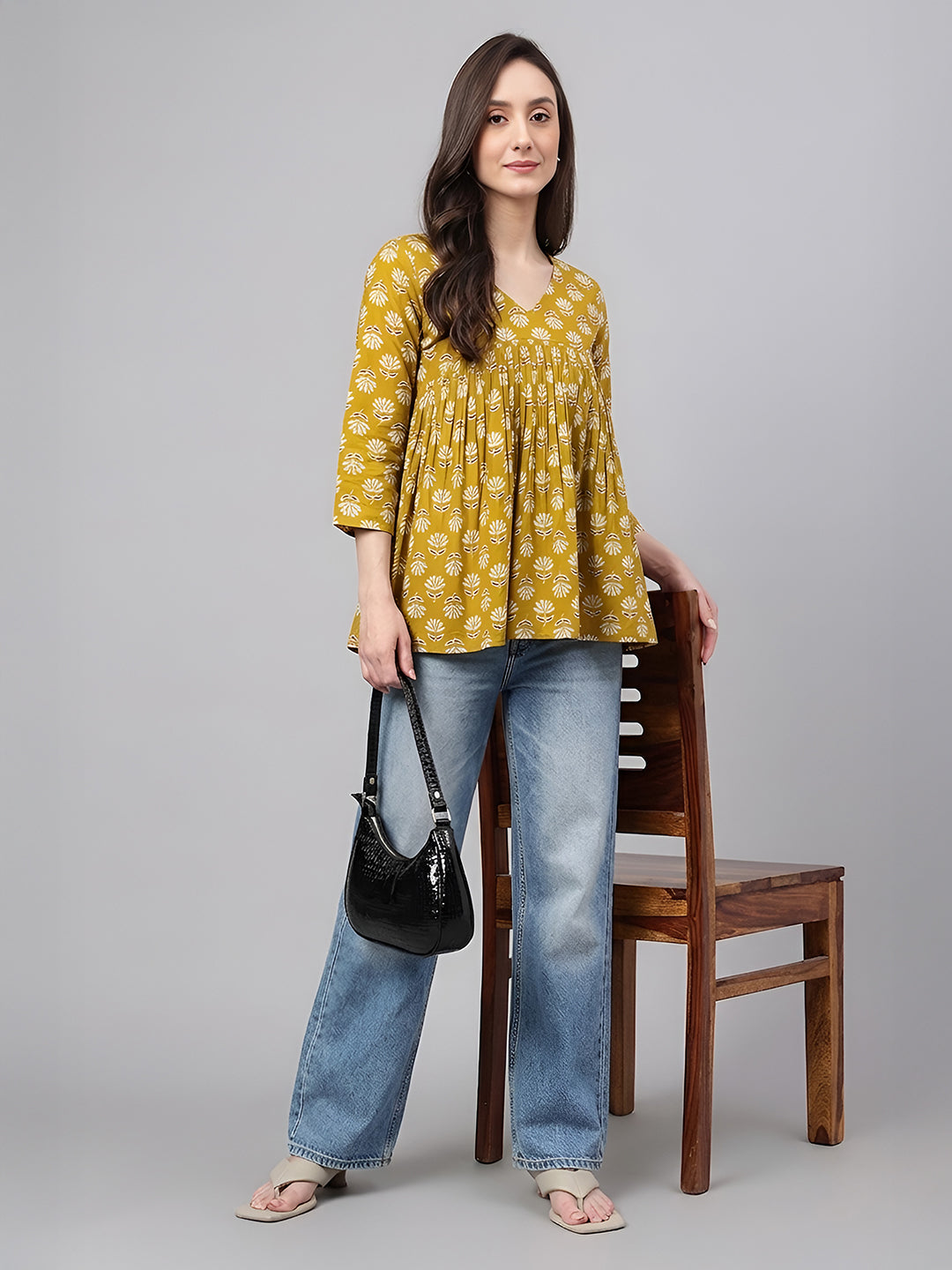 Janasya Mustard Gathered Cotton Top | Grocsy