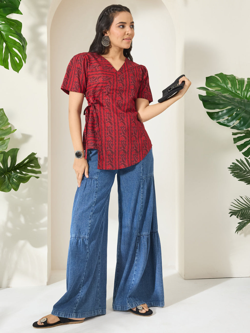 Janasya Maroon Straight Cotton Top | Grocsy