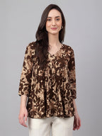 Janasya Brown Peplum Cotton Top | Grocsy