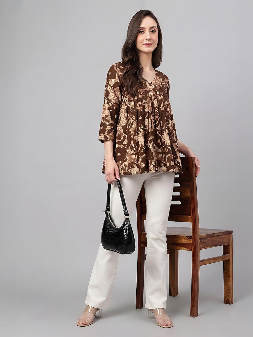 Janasya Brown Peplum Cotton Top | Grocsy