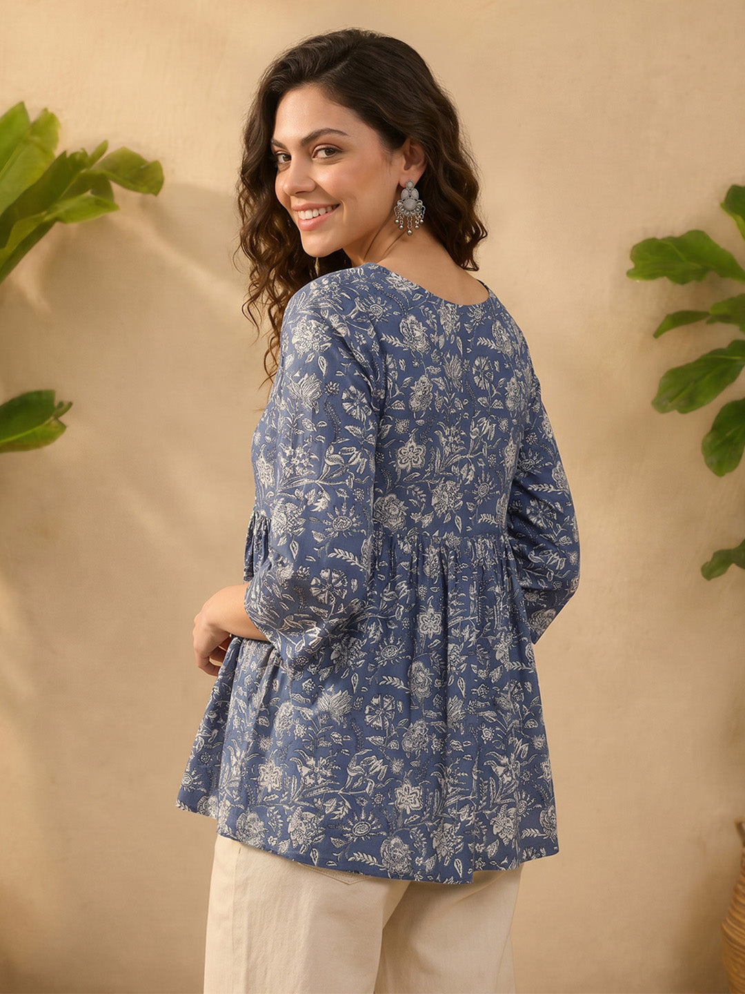 Janasya Blue Peplum Cotton Top | Grocsy