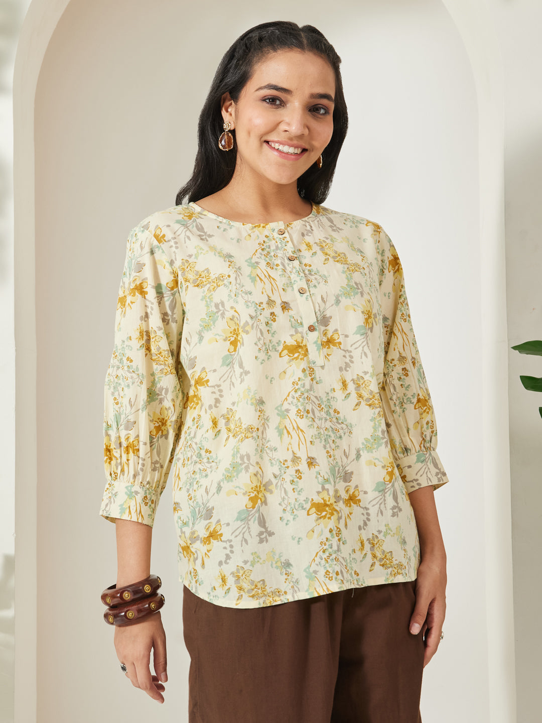 Janasya Light Yellow A-Line Cotton Top | Grocsy